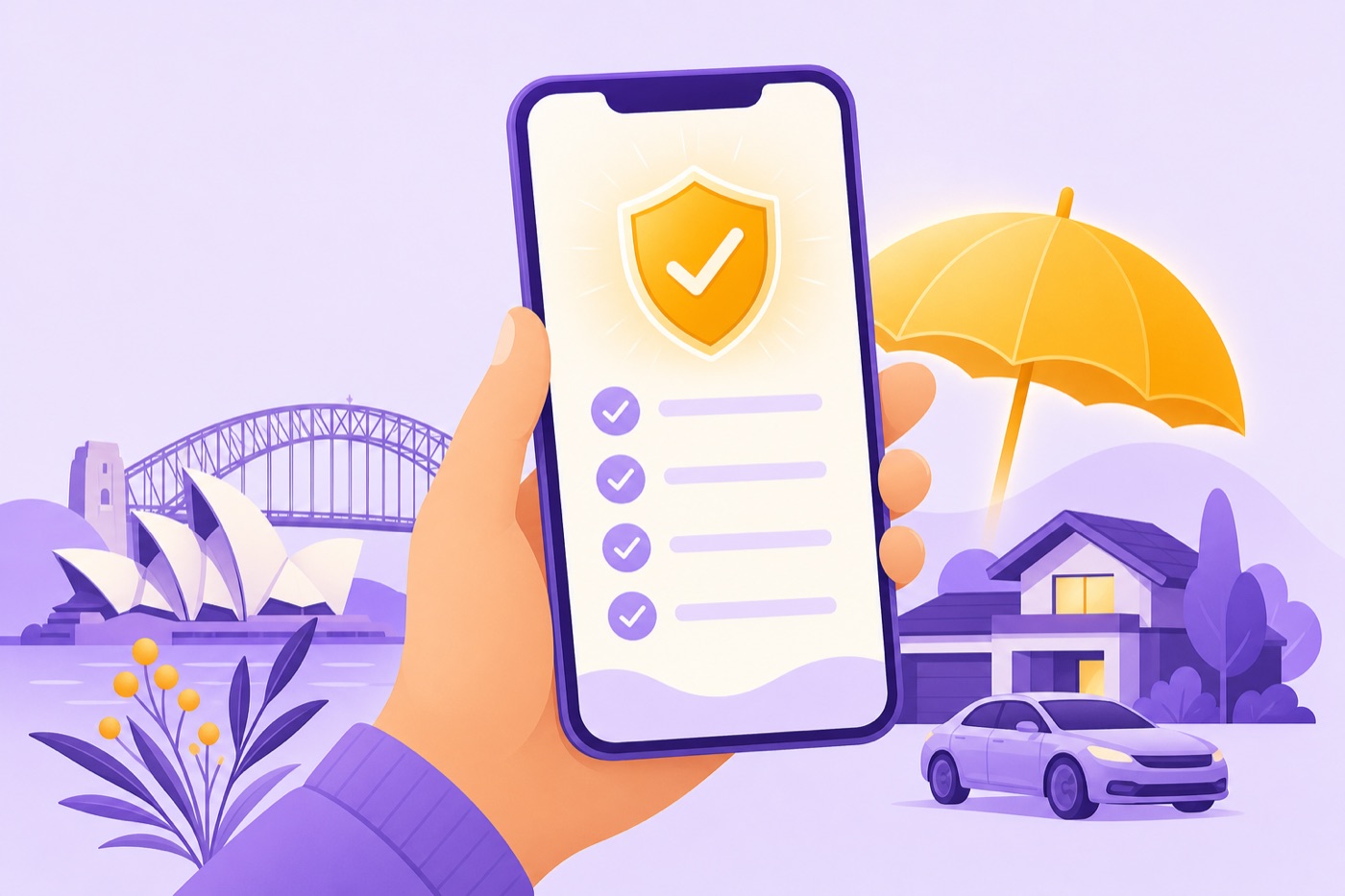A hand holding a phone with a claims checklist and a check-mark shield