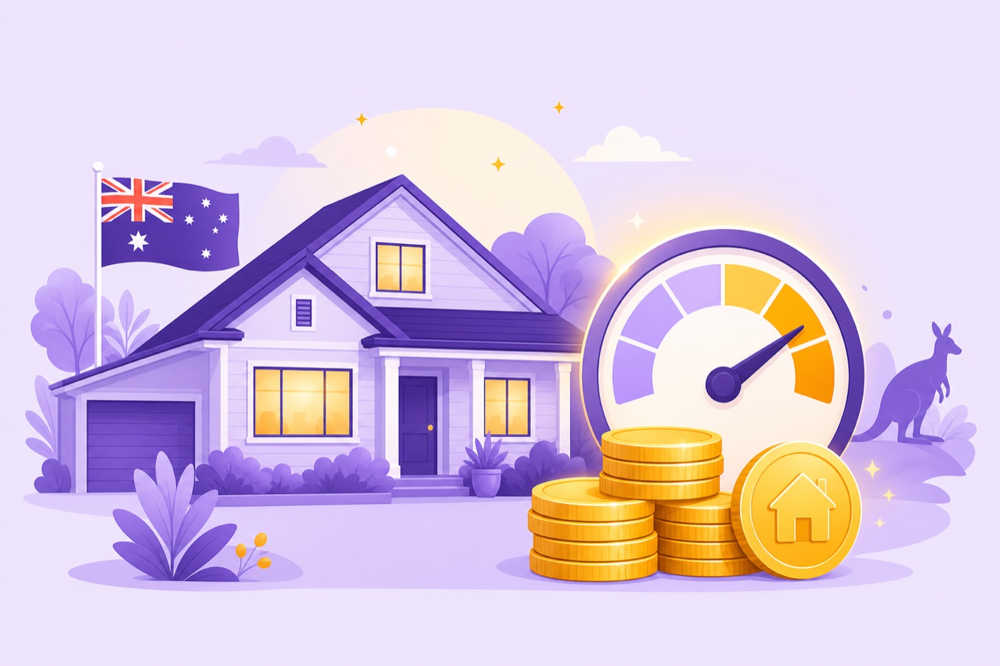 A house beside a stack of coins and a cost gauge