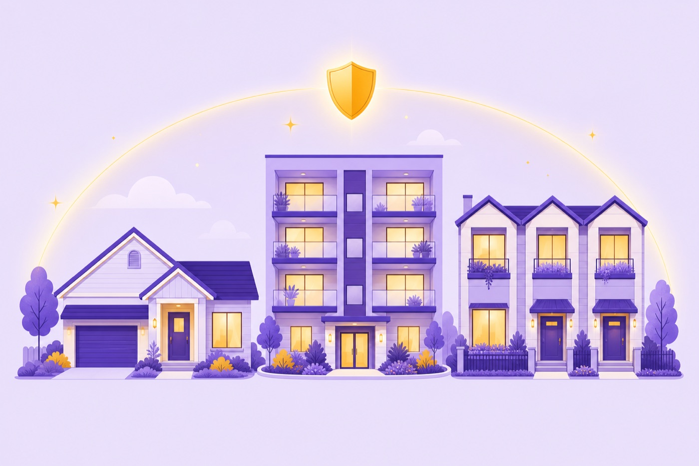 A house, an apartment block and a townhouse side by side