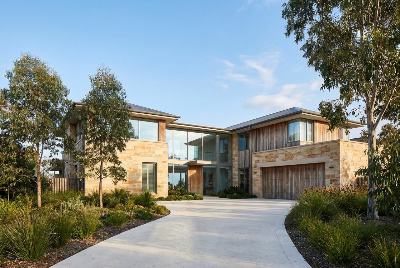 A grand high-value Australian home with a sandstone and timber facade