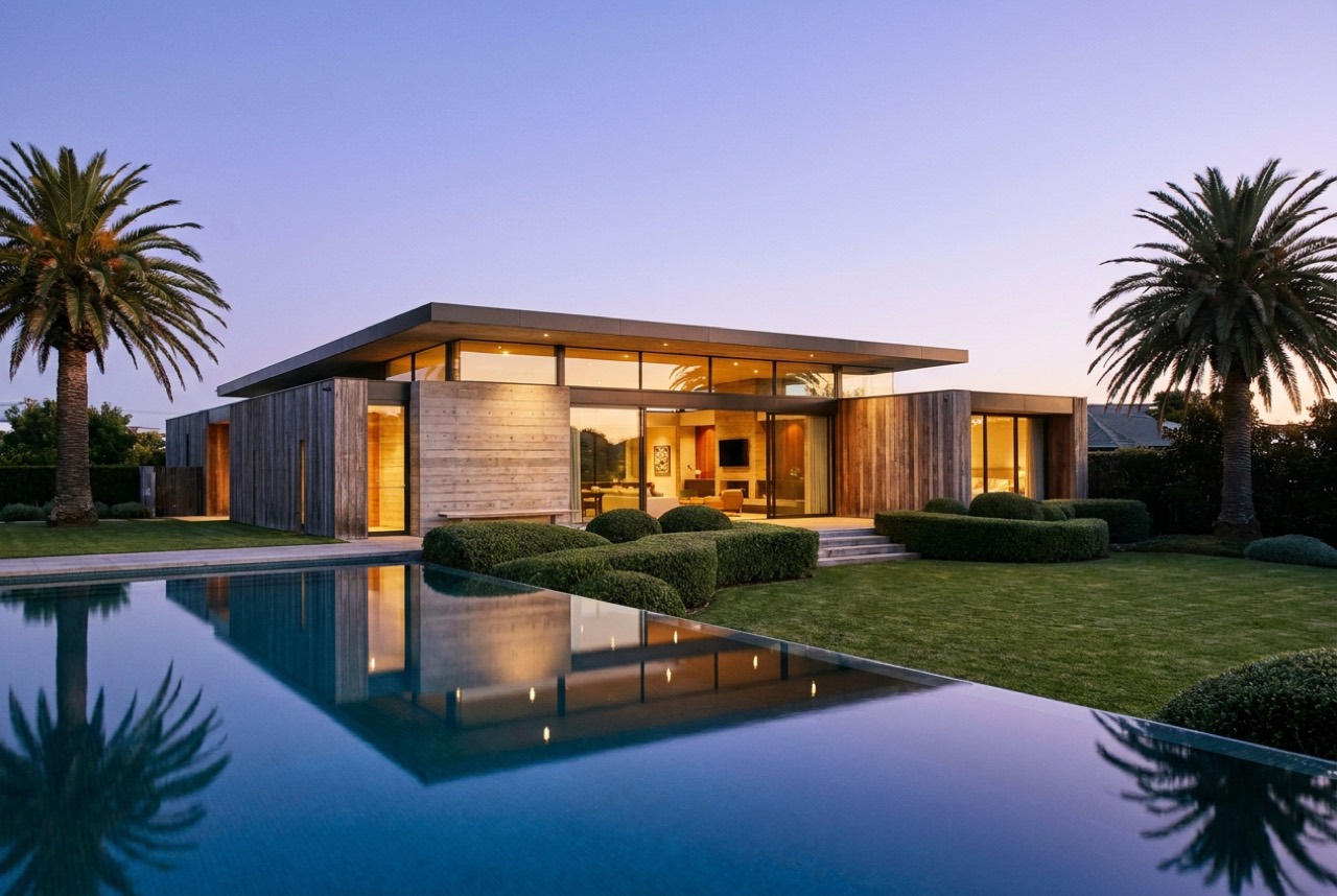 A modern luxury Australian home lit warm at dusk beside an infinity pool